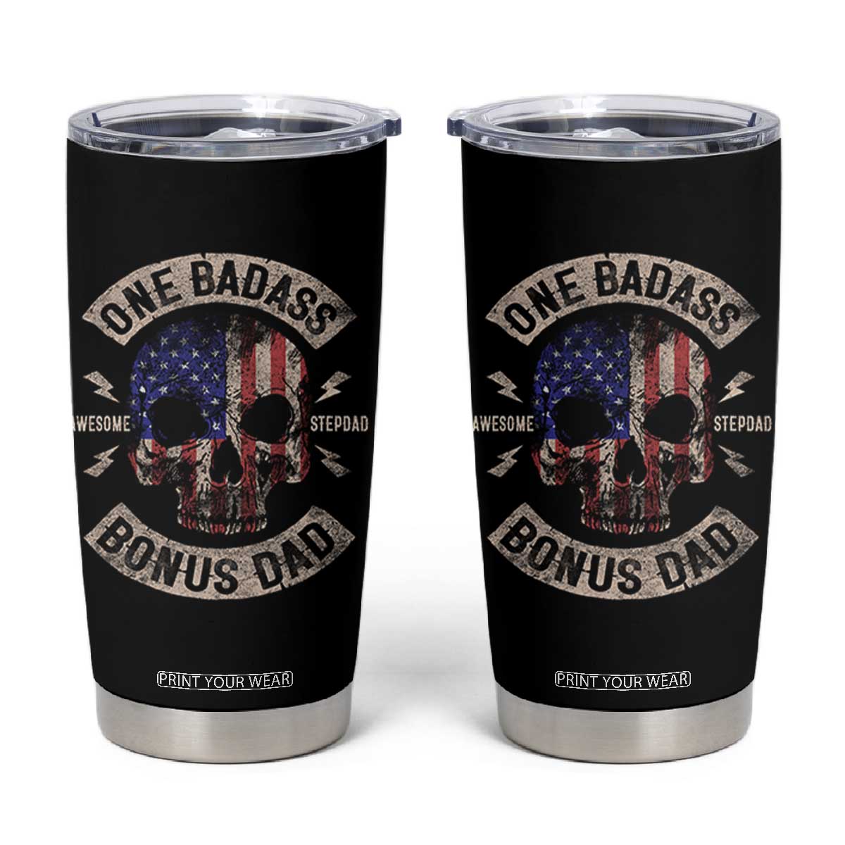 One Badass Bonus Dad Tumbler Cup Vintage Step Dad American Flag Fathers Day TS10 Black Print Your Wear