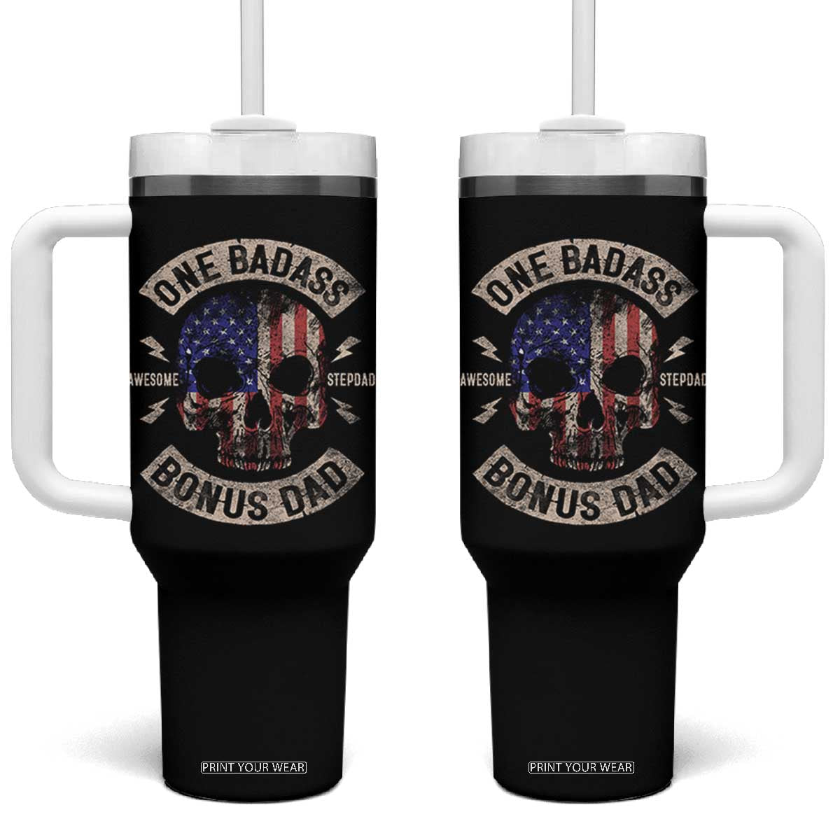 One Badass Bonus Dad Tumbler With Handle Vintage Step Dad American Flag Fathers Day TS10 One Size: 40 oz Black Print Your Wear