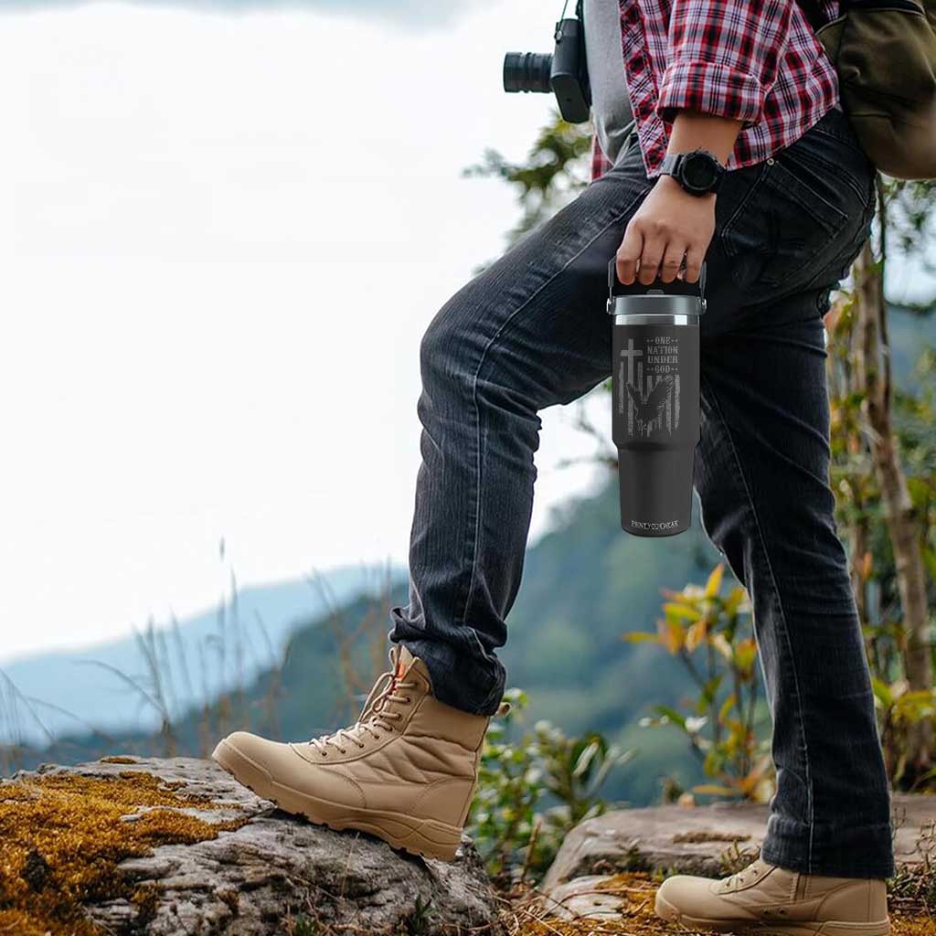 One Nation Under God Flip Straw Tumbler American Flag Bald Eagle 4th Of July Patriotic Christian TS10 Print Your Wear