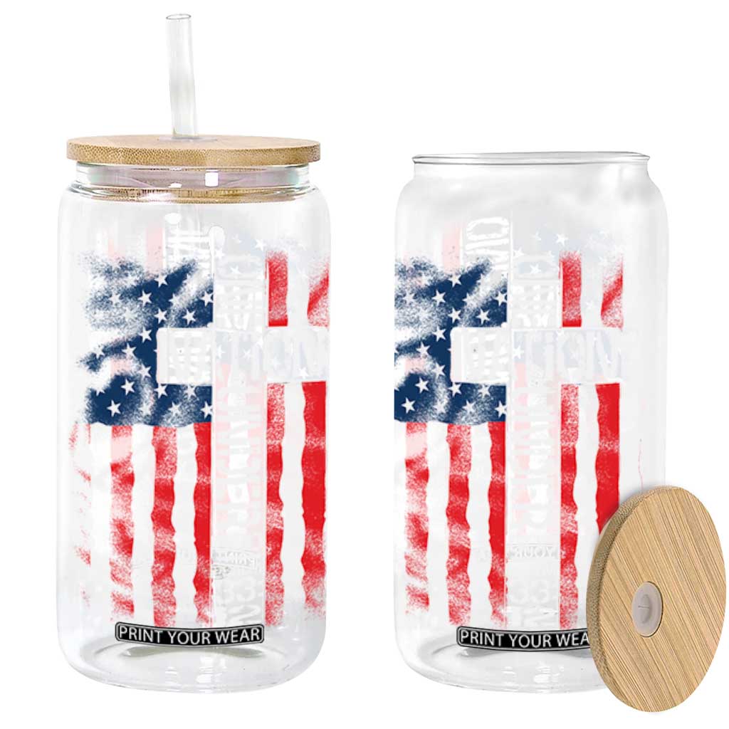 One Nation Under God Glass Can 4th Of July Patriotic Christian Vintage Cross American Flag TS11 Black Print Your Wear