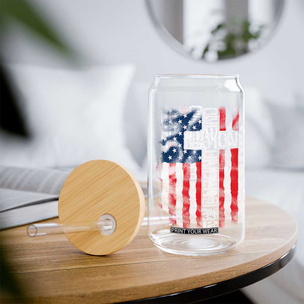 One Nation Under God Glass Can 4th Of July Patriotic Christian Vintage Cross American Flag TS11 Print Your Wear