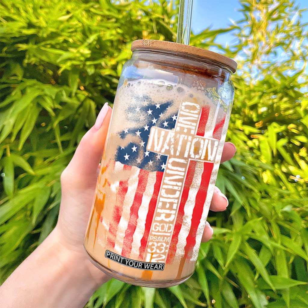 One Nation Under God Glass Can 4th Of July Patriotic Christian Vintage Cross American Flag TS11 Print Your Wear