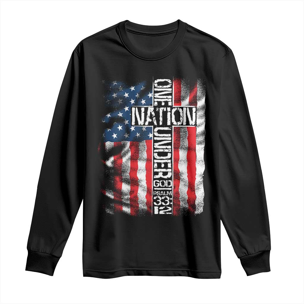 One Nation Under God Long Sleeve Shirt 4th Of July Patriotic Christian Vintage Cross American Flag TS11 Black Print Your Wear