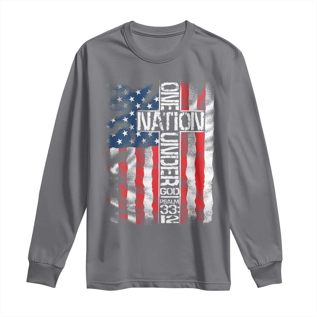 One Nation Under God Long Sleeve Shirt 4th Of July Patriotic Christian Vintage Cross American Flag TS11 Charcoal Print Your Wear