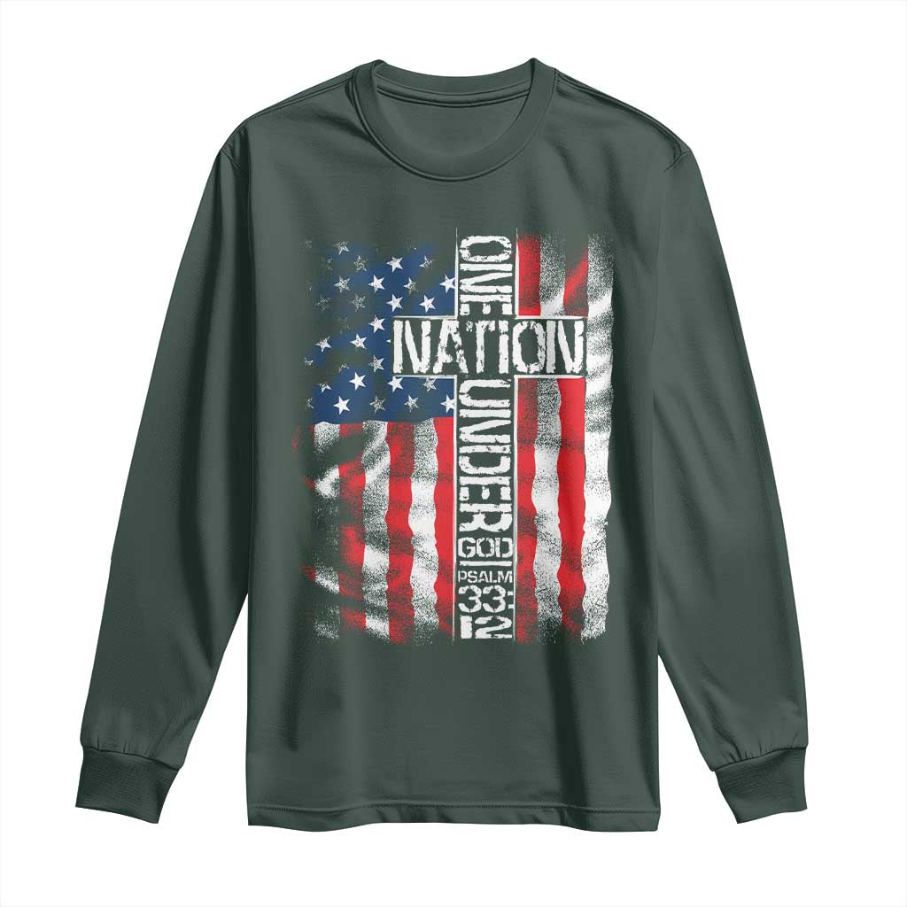 One Nation Under God Long Sleeve Shirt 4th Of July Patriotic Christian Vintage Cross American Flag TS11 Dark Forest Green Print Your Wear