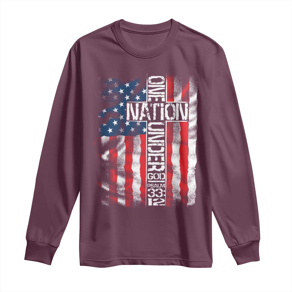 One Nation Under God Long Sleeve Shirt 4th Of July Patriotic Christian Vintage Cross American Flag TS11 Maroon Print Your Wear