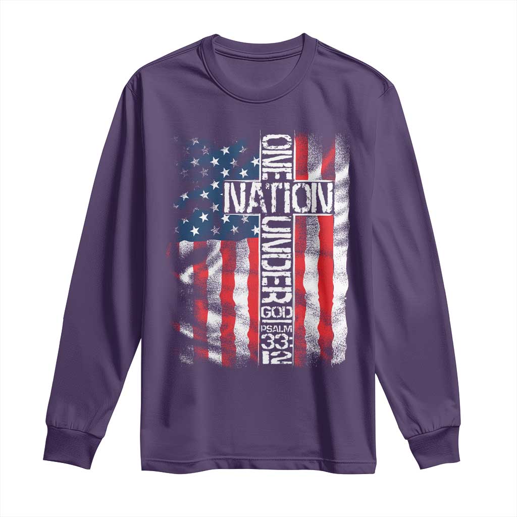 One Nation Under God Long Sleeve Shirt 4th Of July Patriotic Christian Vintage Cross American Flag TS11 Purple Print Your Wear