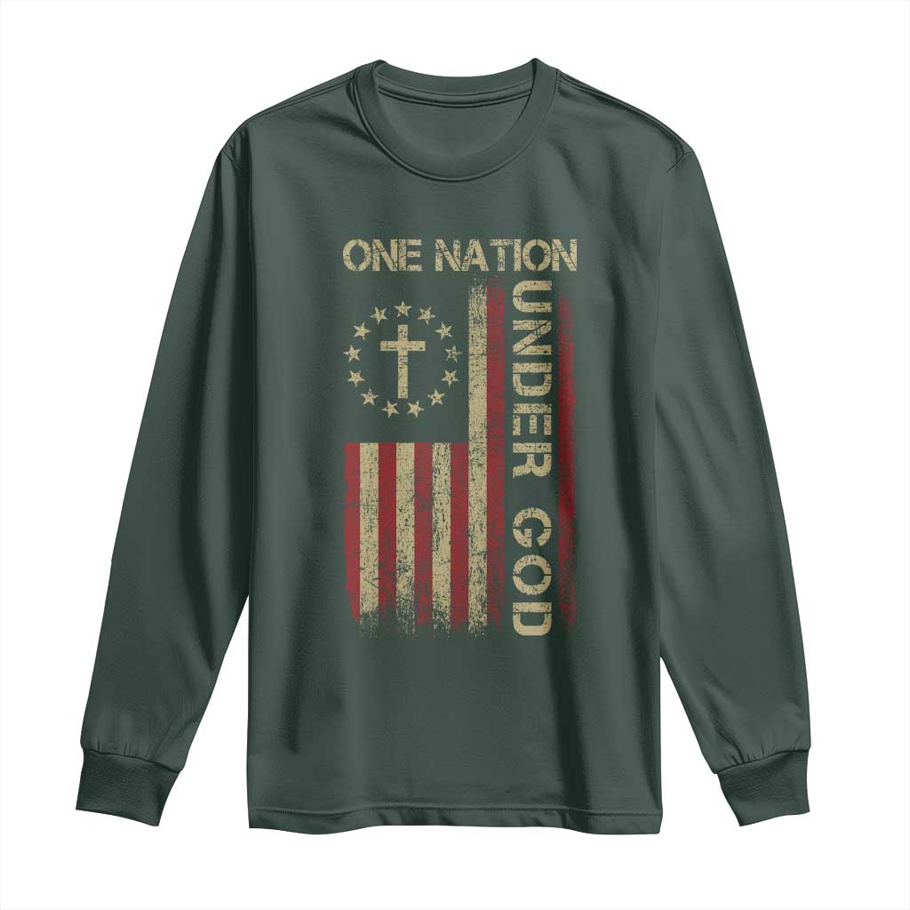 One Nation Under God Long Sleeve Shirt American Flag 4th Of July Patriotic Christian TS10 Dark Forest Green Print Your Wear