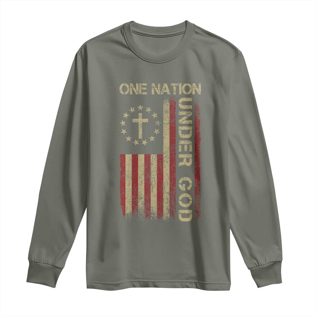 One Nation Under God Long Sleeve Shirt American Flag 4th Of July Patriotic Christian TS10 Military Green Print Your Wear