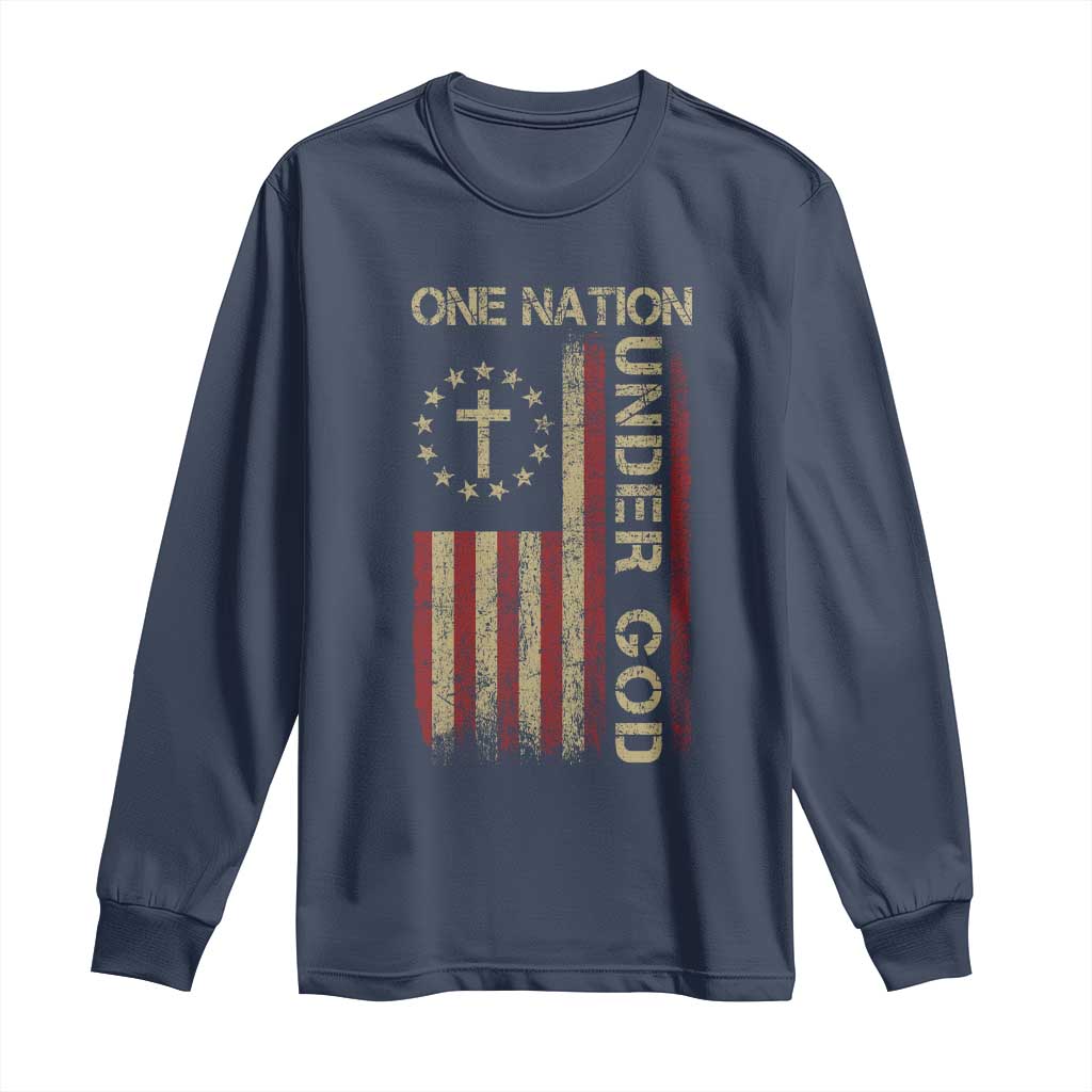 One Nation Under God Long Sleeve Shirt American Flag 4th Of July Patriotic Christian TS10 Navy Print Your Wear