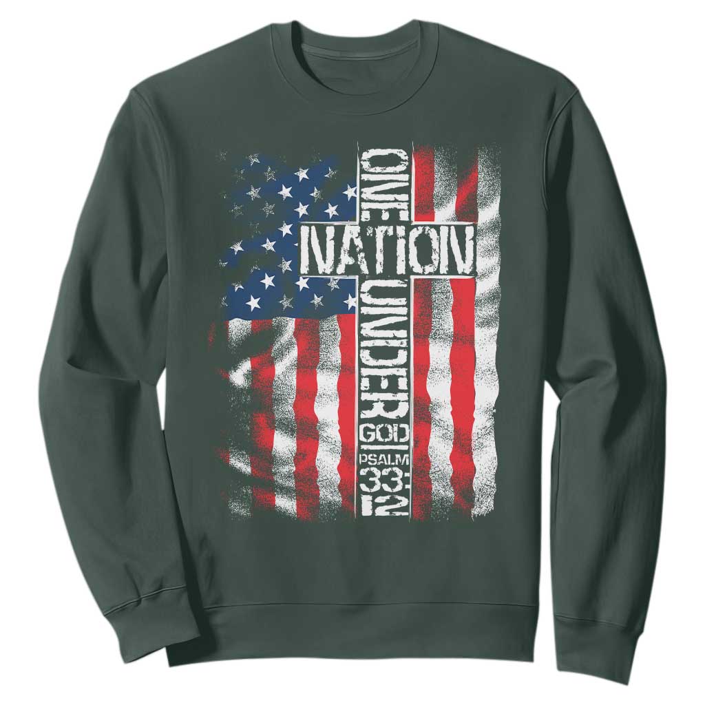 One Nation Under God Sweatshirt 4th Of July Patriotic Christian Vintage Cross American Flag TS11 Dark Forest Green Print Your Wear