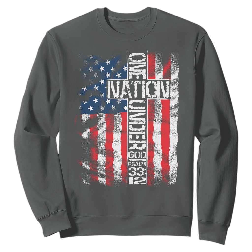 One Nation Under God Sweatshirt 4th Of July Patriotic Christian Vintage Cross American Flag TS11 Dark Heather Print Your Wear