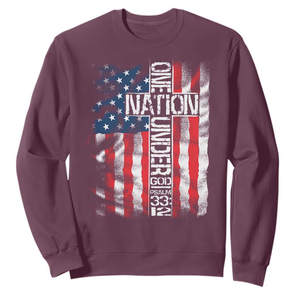 One Nation Under God Sweatshirt 4th Of July Patriotic Christian Vintage Cross American Flag TS11 Maroon Print Your Wear