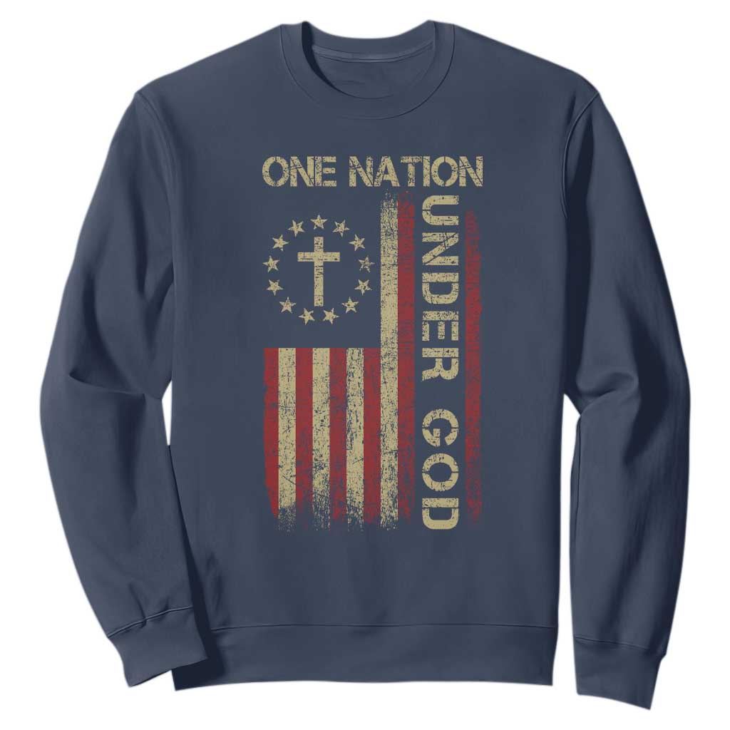 One Nation Under God Sweatshirt American Flag 4th Of July Patriotic Christian TS10 Navy Print Your Wear