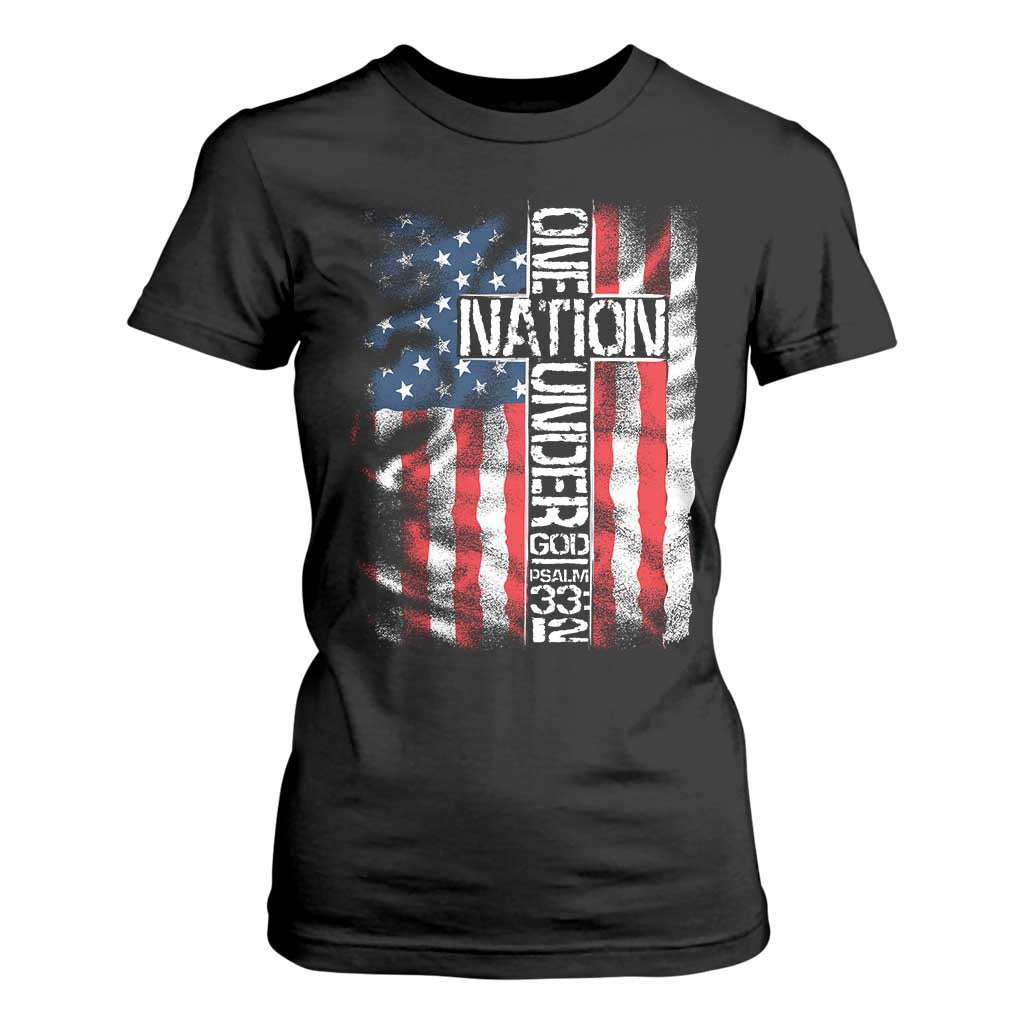One Nation Under God T Shirt For Women 4th Of July Patriotic Christian Vintage Cross American Flag TS11 Black Print Your Wear