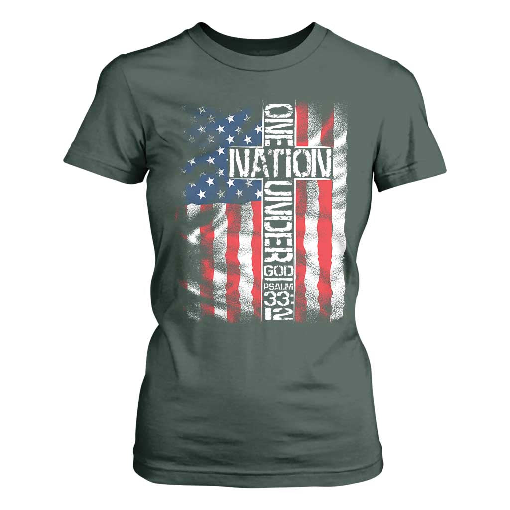 One Nation Under God T Shirt For Women 4th Of July Patriotic Christian Vintage Cross American Flag TS11 Dark Forest Green Print Your Wear