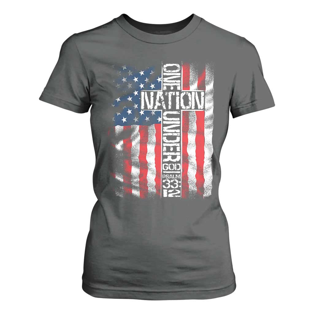 One Nation Under God T Shirt For Women 4th Of July Patriotic Christian Vintage Cross American Flag TS11 Dark Heather Print Your Wear