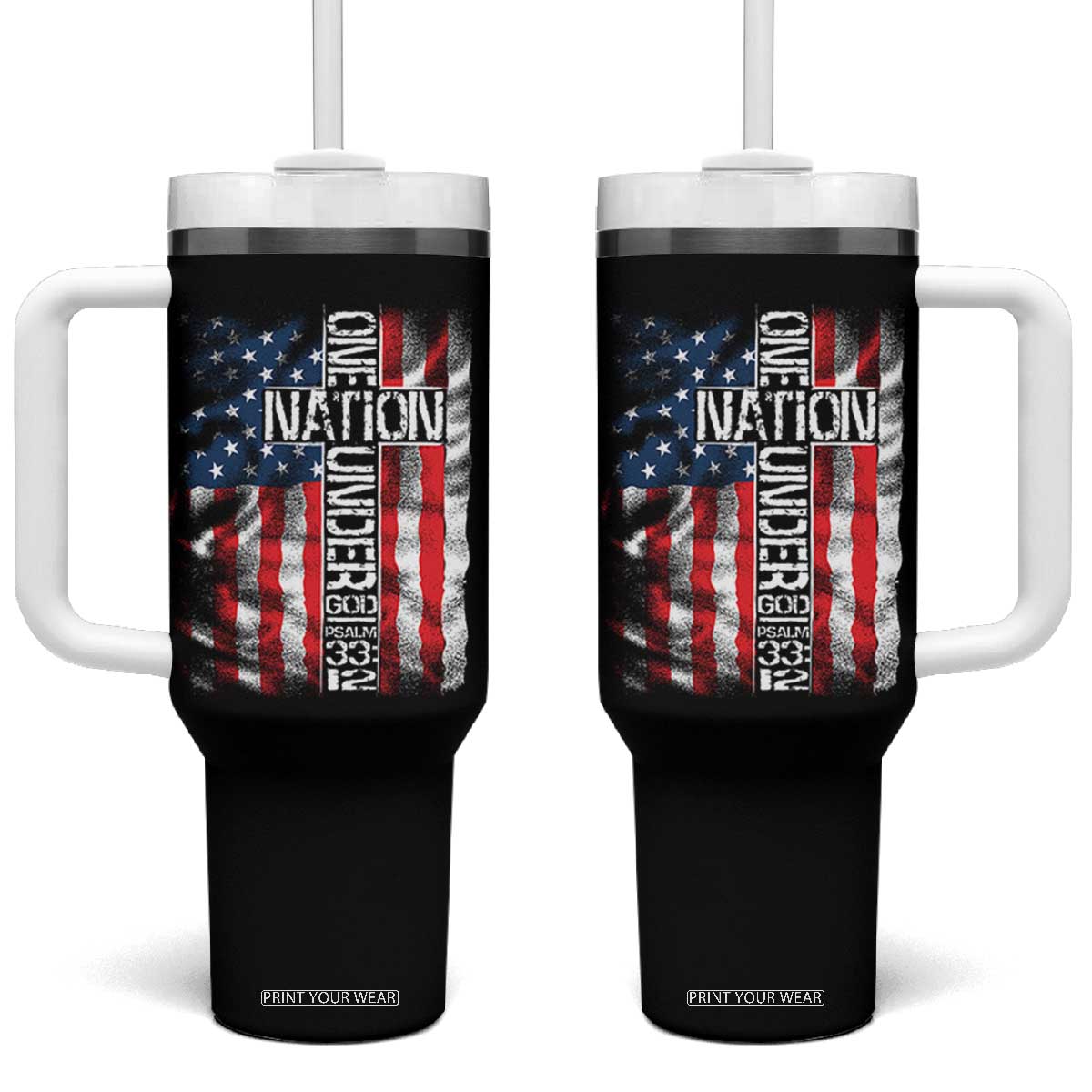 One Nation Under God Tumbler With Handle 4th Of July Patriotic Christian Vintage Cross American Flag TS11 One Size: 40 oz Black Print Your Wear
