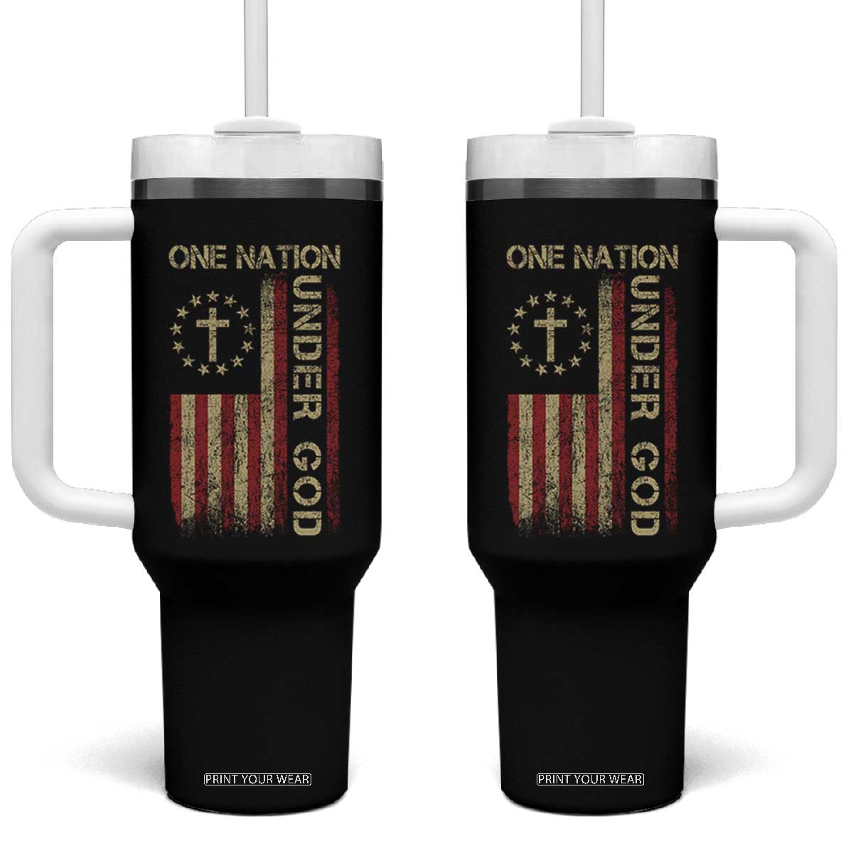 One Nation Under God Tumbler With Handle American Flag 4th Of July Patriotic Christian TS10 One Size: 40 oz Black Print Your Wear