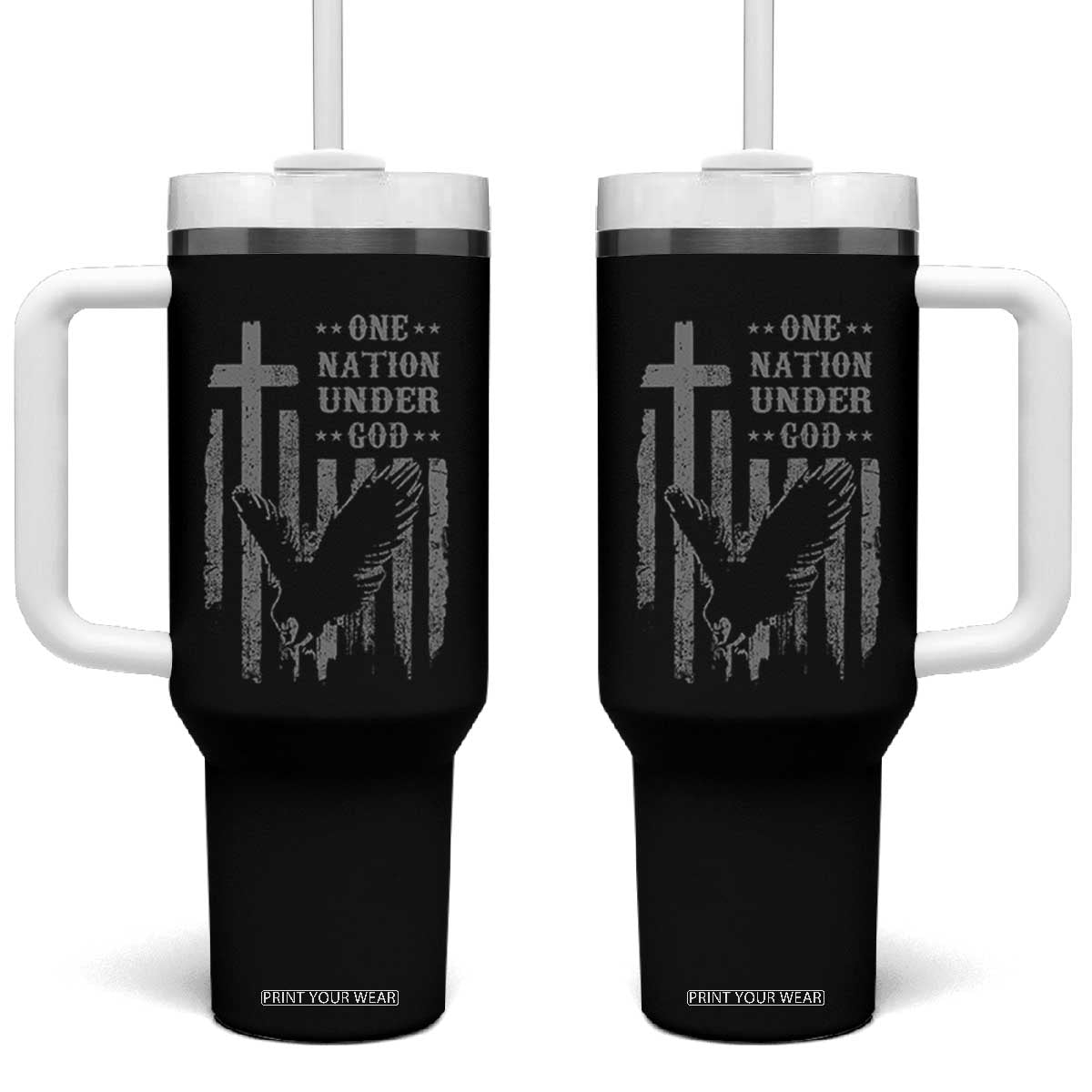 One Nation Under God Tumbler With Handle American Flag Bald Eagle 4th Of July Patriotic Christian TS10 One Size: 40 oz Black Print Your Wear