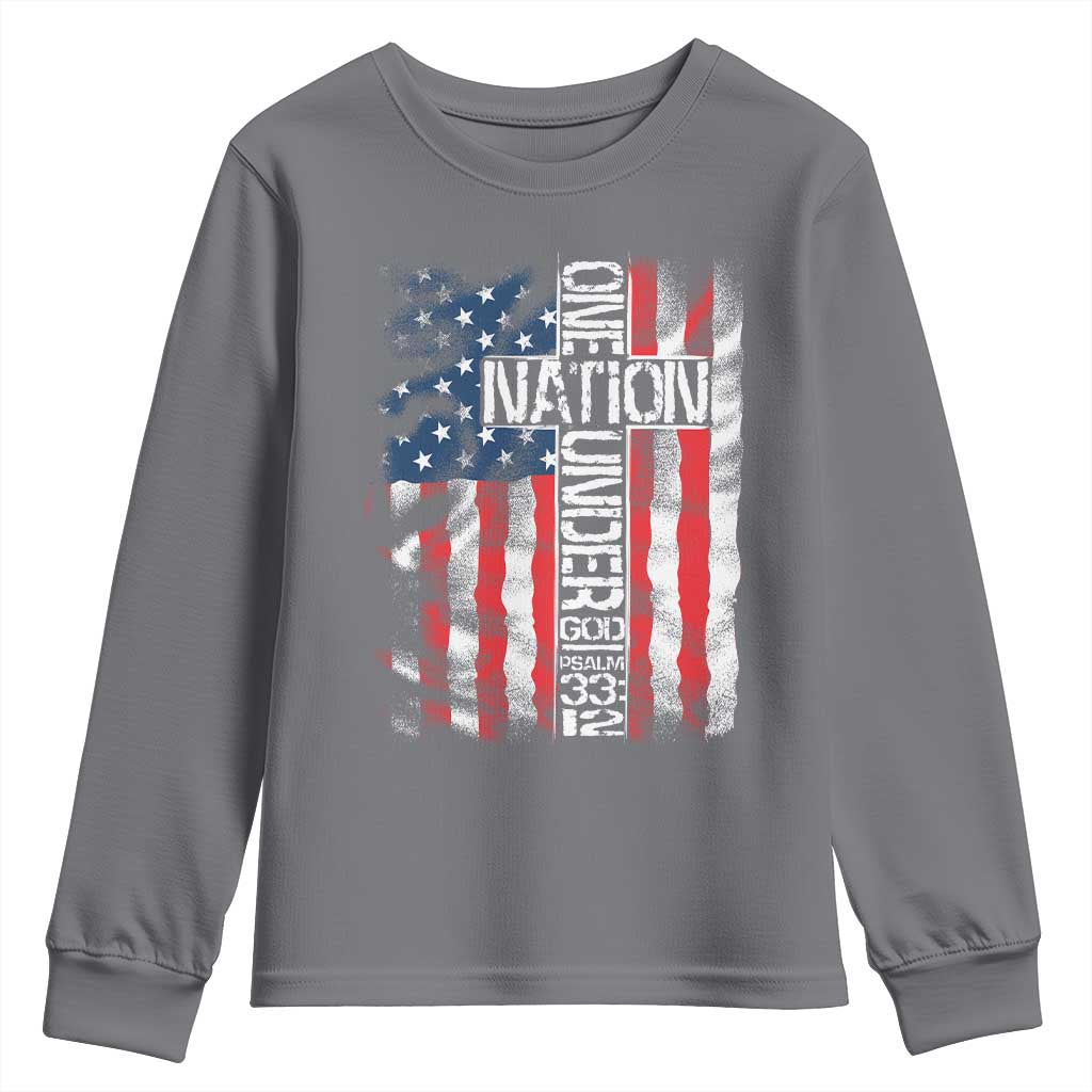One Nation Under God Youth Sweatshirt 4th Of July Patriotic Christian Vintage Cross American Flag TS11 Charcoal Print Your Wear