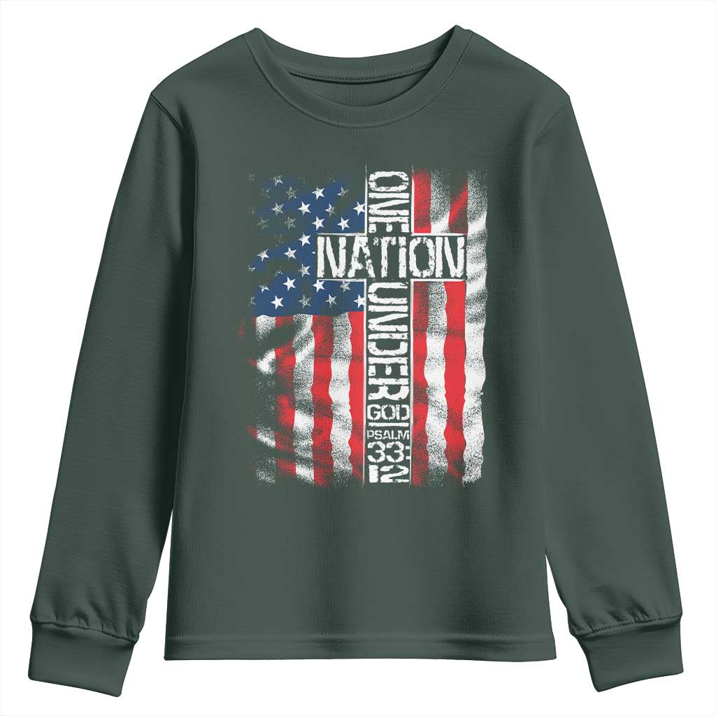 One Nation Under God Youth Sweatshirt 4th Of July Patriotic Christian Vintage Cross American Flag TS11 Dark Forest Green Print Your Wear