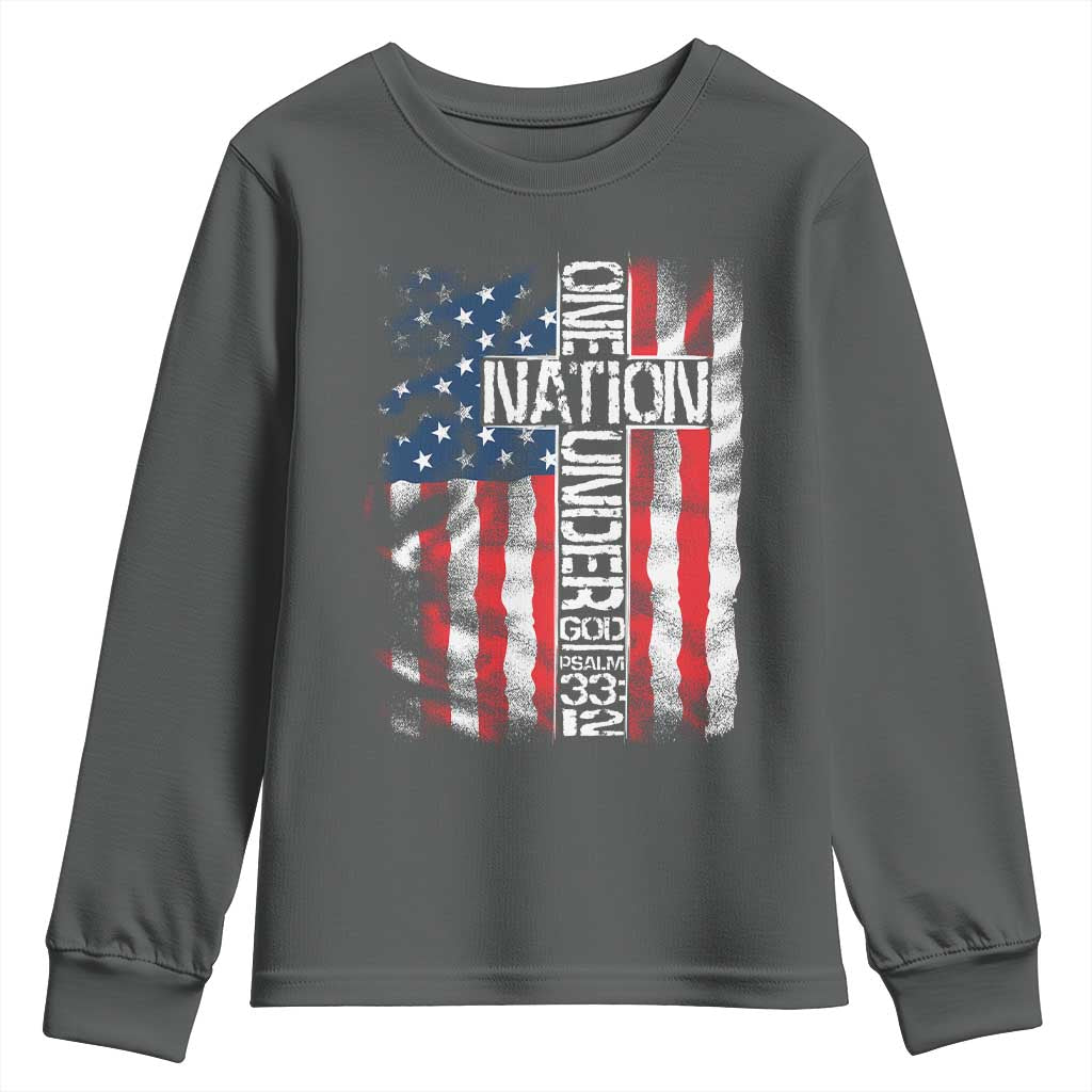 One Nation Under God Youth Sweatshirt 4th Of July Patriotic Christian Vintage Cross American Flag TS11 Dark Heather Print Your Wear