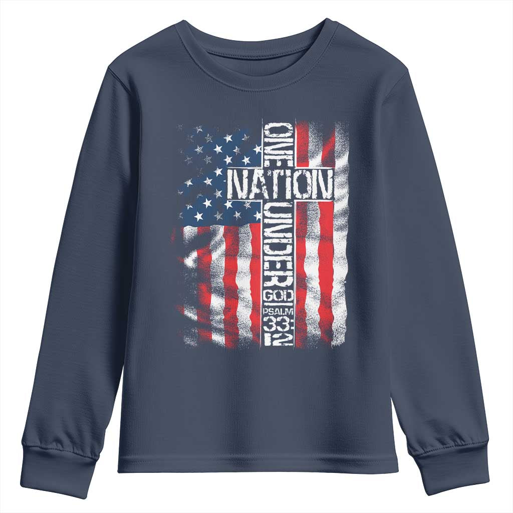 One Nation Under God Youth Sweatshirt 4th Of July Patriotic Christian Vintage Cross American Flag TS11 Navy Print Your Wear