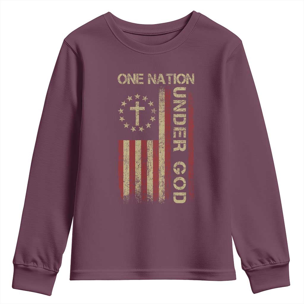One Nation Under God Youth Sweatshirt American Flag 4th Of July Patriotic Christian TS10 Maroon Print Your Wear