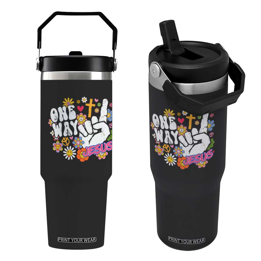 One Way Jesus Flip Straw Tumbler Christian Relgion Retro Hippie TS02 One Size: 30 oz Black Print Your Wear