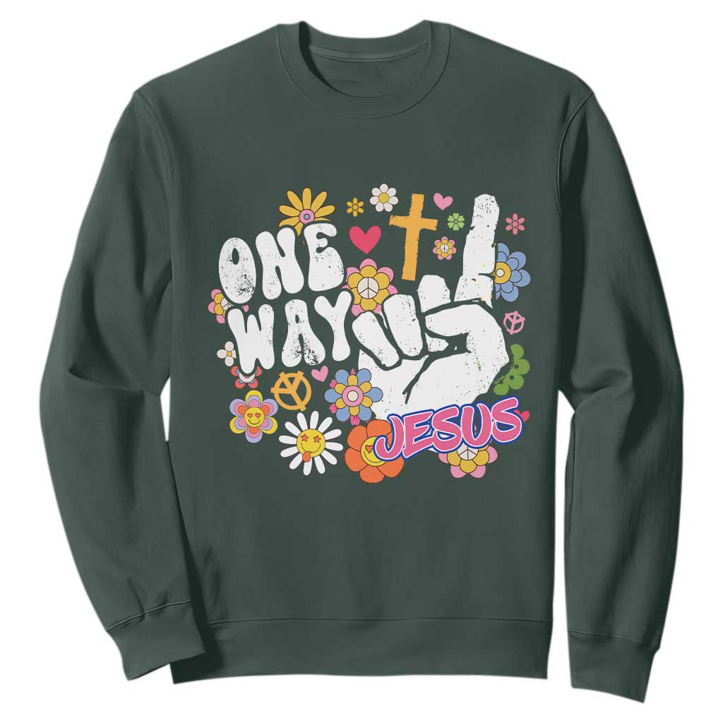One Way Jesus Sweatshirt Christian Relgion Retro Hippie TS02 Dark Forest Green Print Your Wear