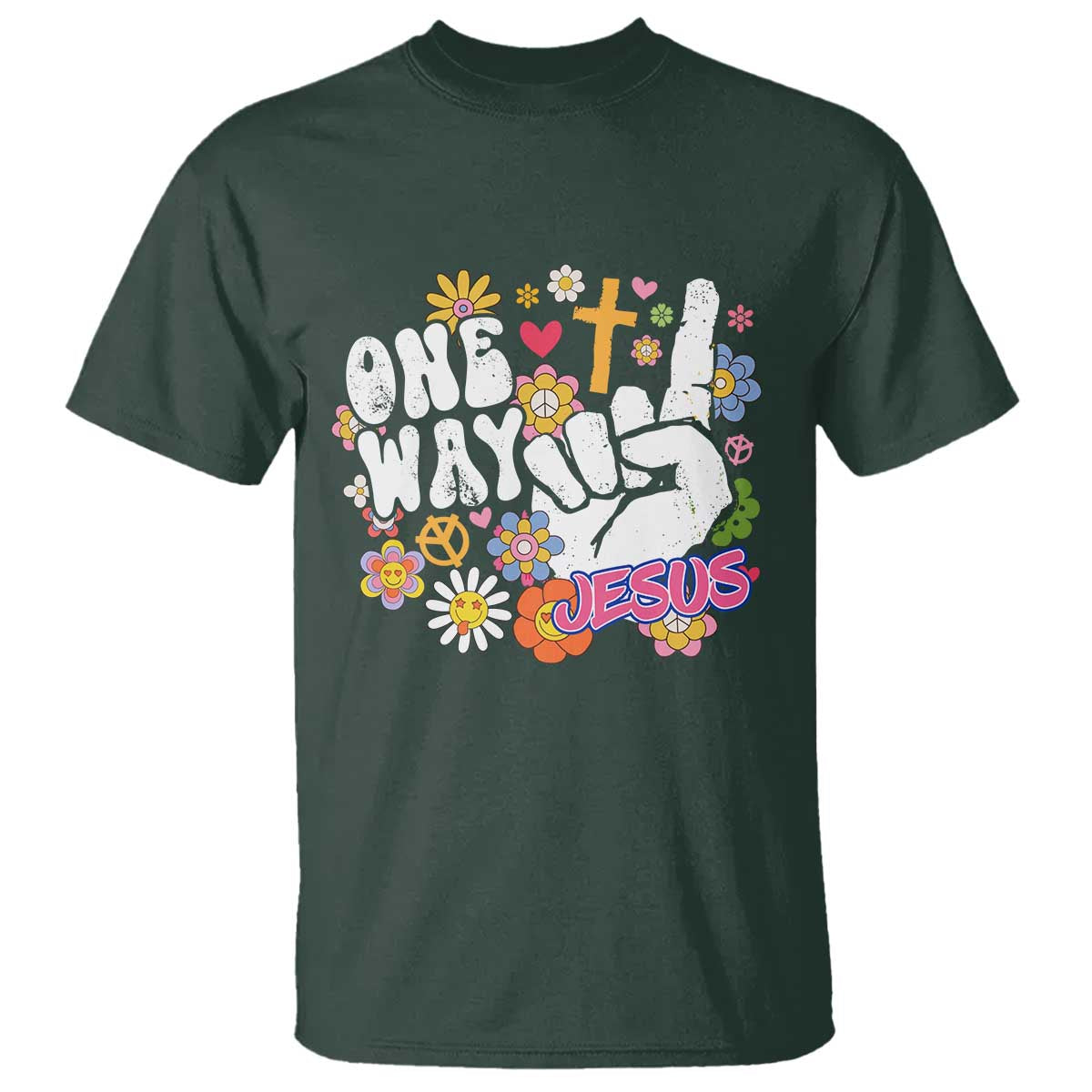 One Way Jesus T Shirt Christian Relgion Retro Hippie TS02 Dark Forest Green Print Your Wear
