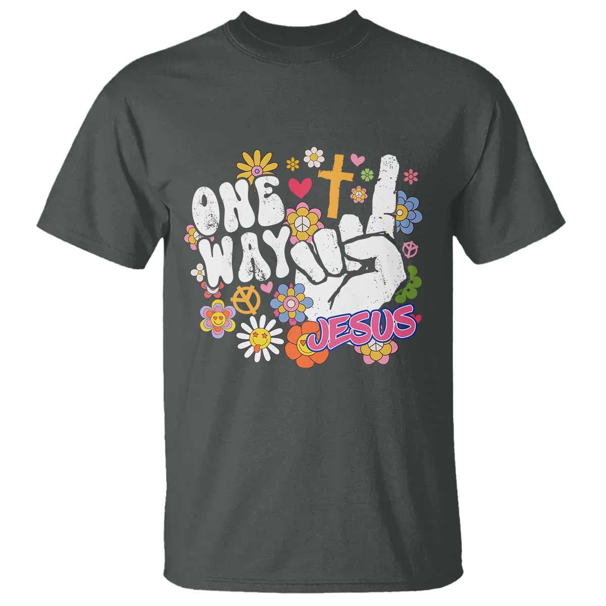 One Way Jesus T Shirt Christian Relgion Retro Hippie TS02 Dark Heather Print Your Wear