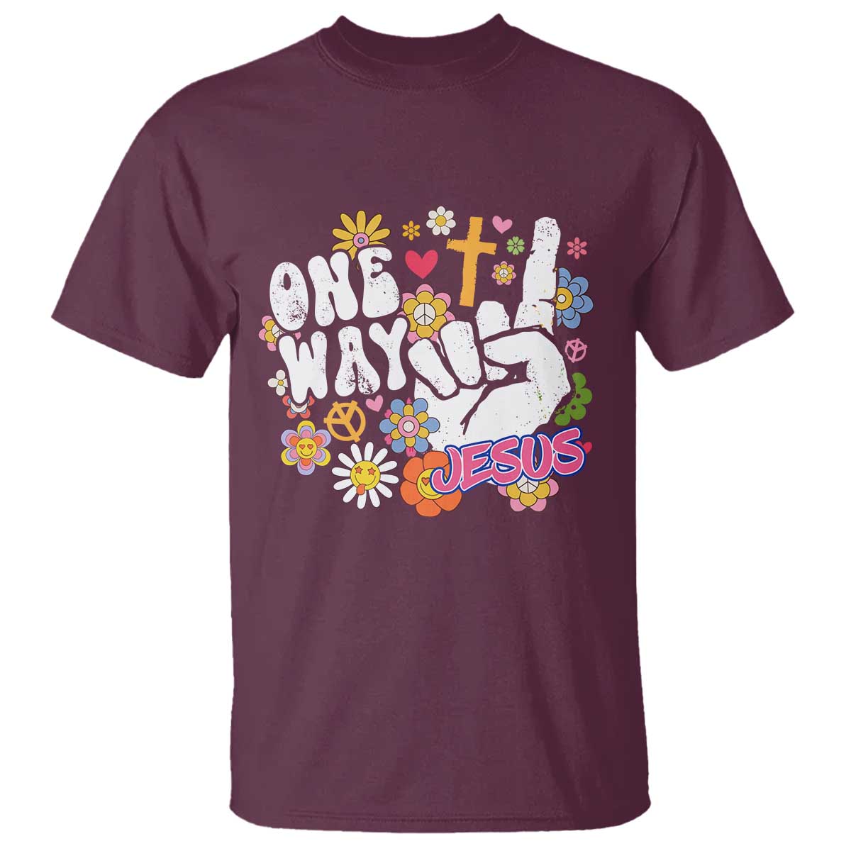 One Way Jesus T Shirt Christian Relgion Retro Hippie TS02 Maroon Print Your Wear