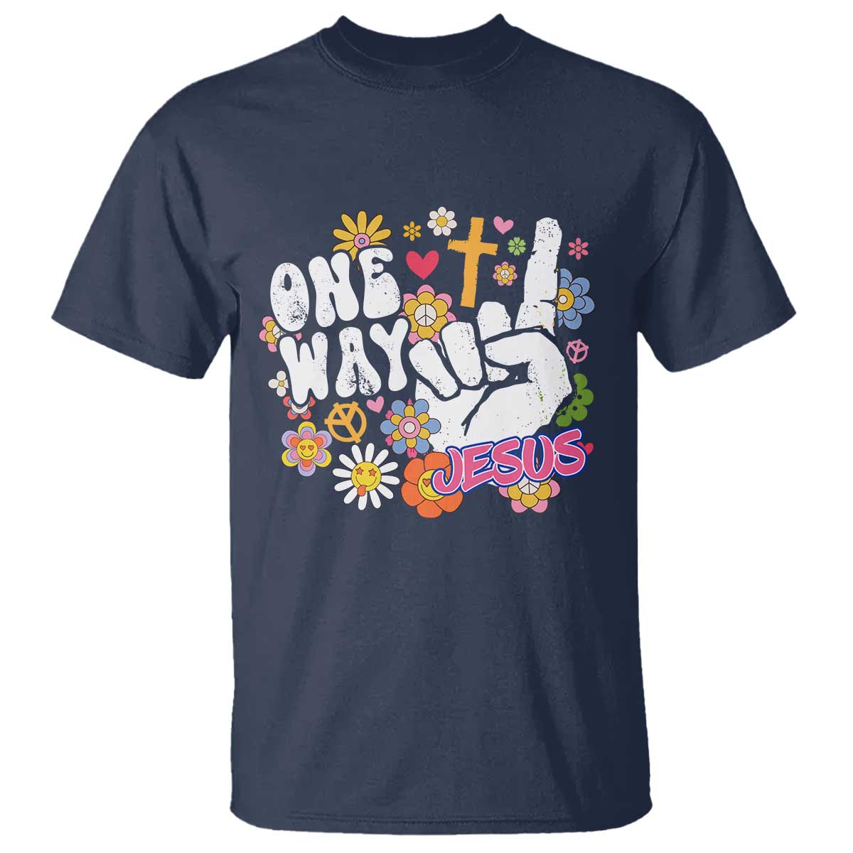 One Way Jesus T Shirt Christian Relgion Retro Hippie TS02 Navy Print Your Wear