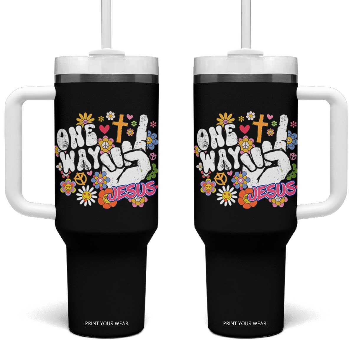 One Way Jesus Tumbler With Handle Christian Relgion Retro Hippie TS02 One Size: 40 oz Black Print Your Wear