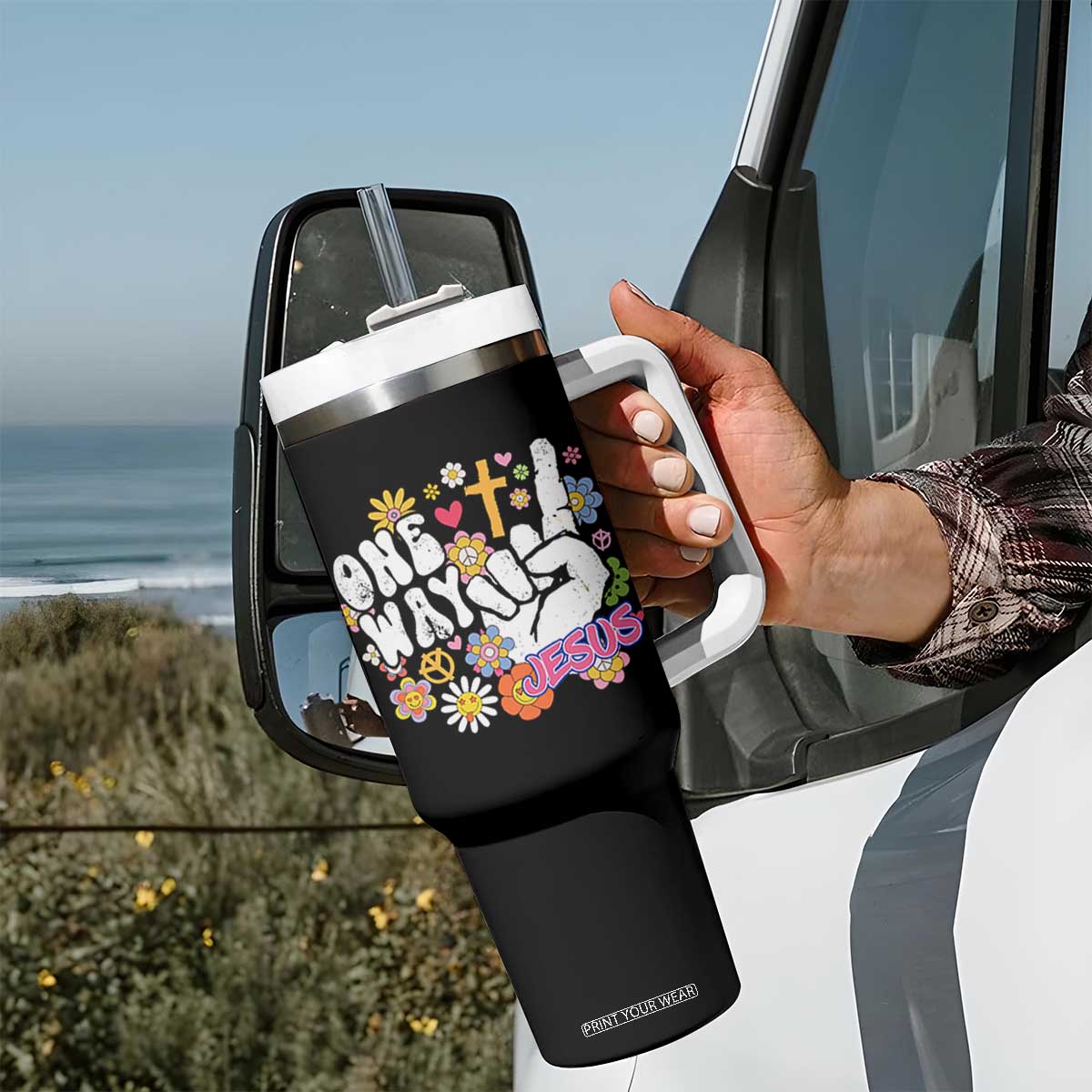 One Way Jesus Tumbler With Handle Christian Relgion Retro Hippie TS02 Print Your Wear