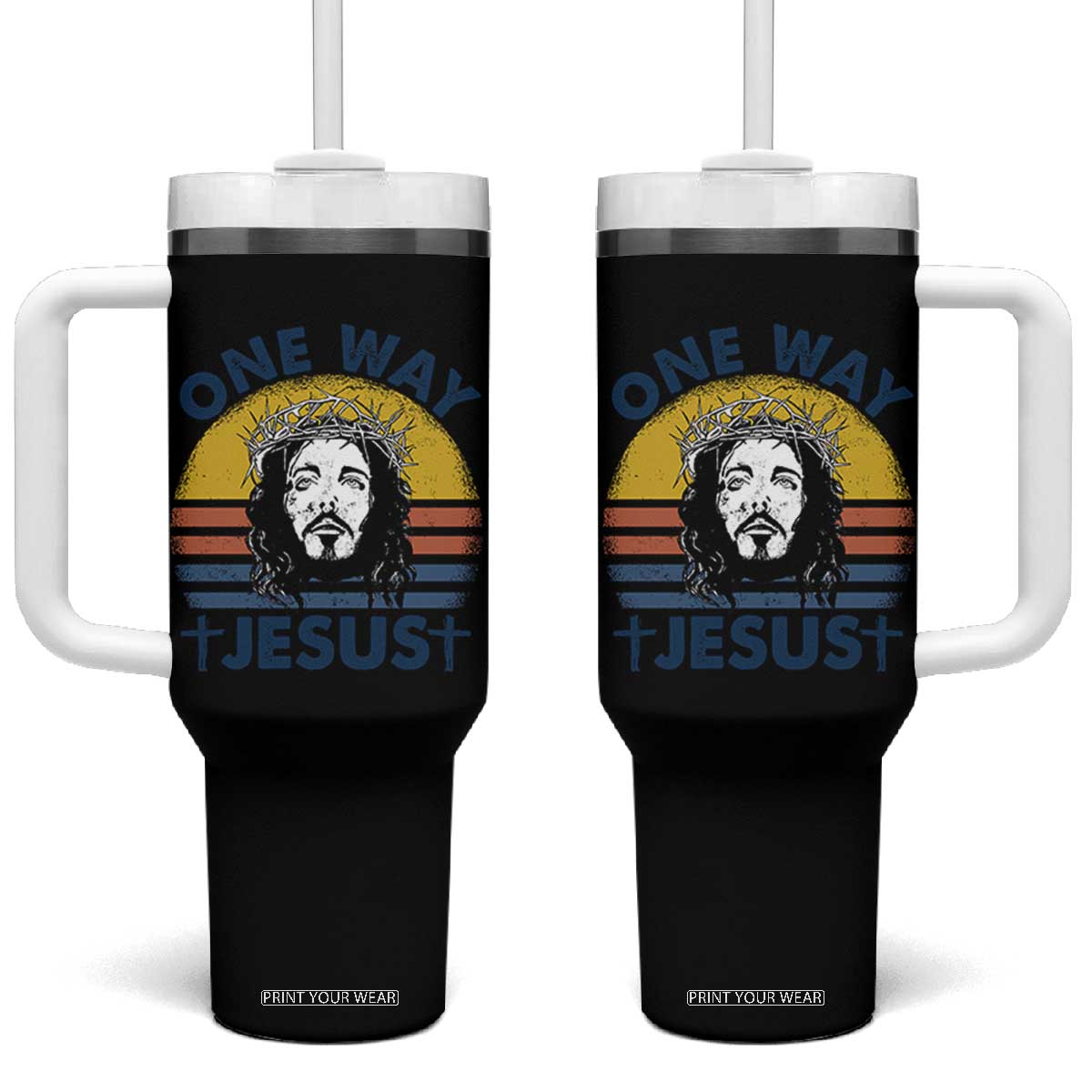 One Way Jesus Tumbler With Handle Christian Relgion Retro Vintage TS02 One Size: 40 oz Black Print Your Wear