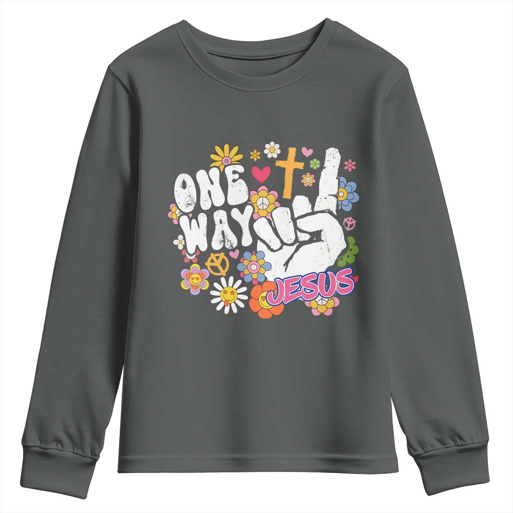 One Way Jesus Youth Sweatshirt Christian Relgion Retro Hippie TS02 Dark Heather Print Your Wear