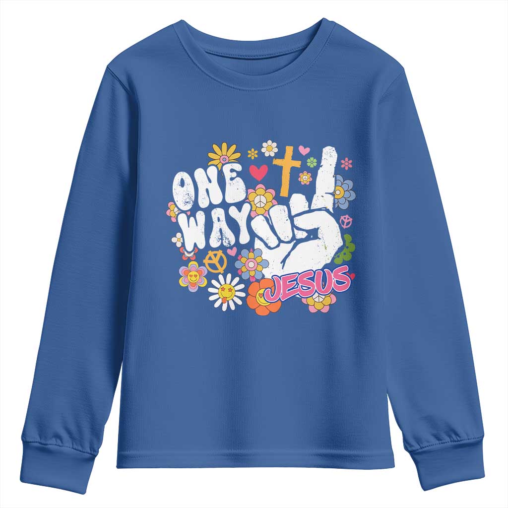 One Way Jesus Youth Sweatshirt Christian Relgion Retro Hippie TS02 Royal Blue Print Your Wear