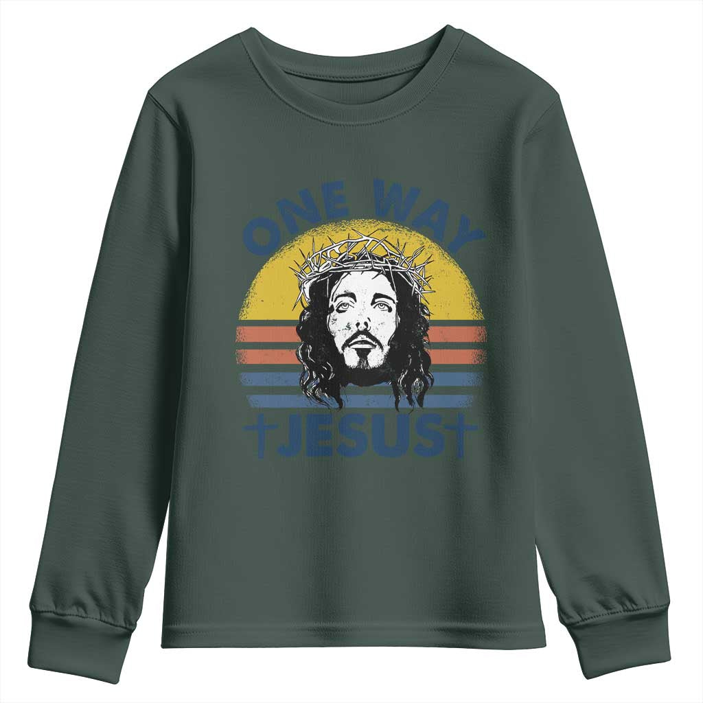 One Way Jesus Youth Sweatshirt Christian Relgion Retro Vintage TS02 Dark Forest Green Print Your Wear
