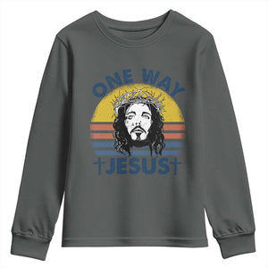 One Way Jesus Youth Sweatshirt Christian Relgion Retro Vintage TS02 Dark Heather Print Your Wear