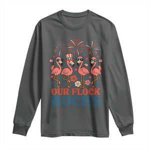 Our Flock Rocks Patriotic Flamingo Long Sleeve Shirt Funny 4th of July Family Matching TS02 Dark Heather Print Your Wear