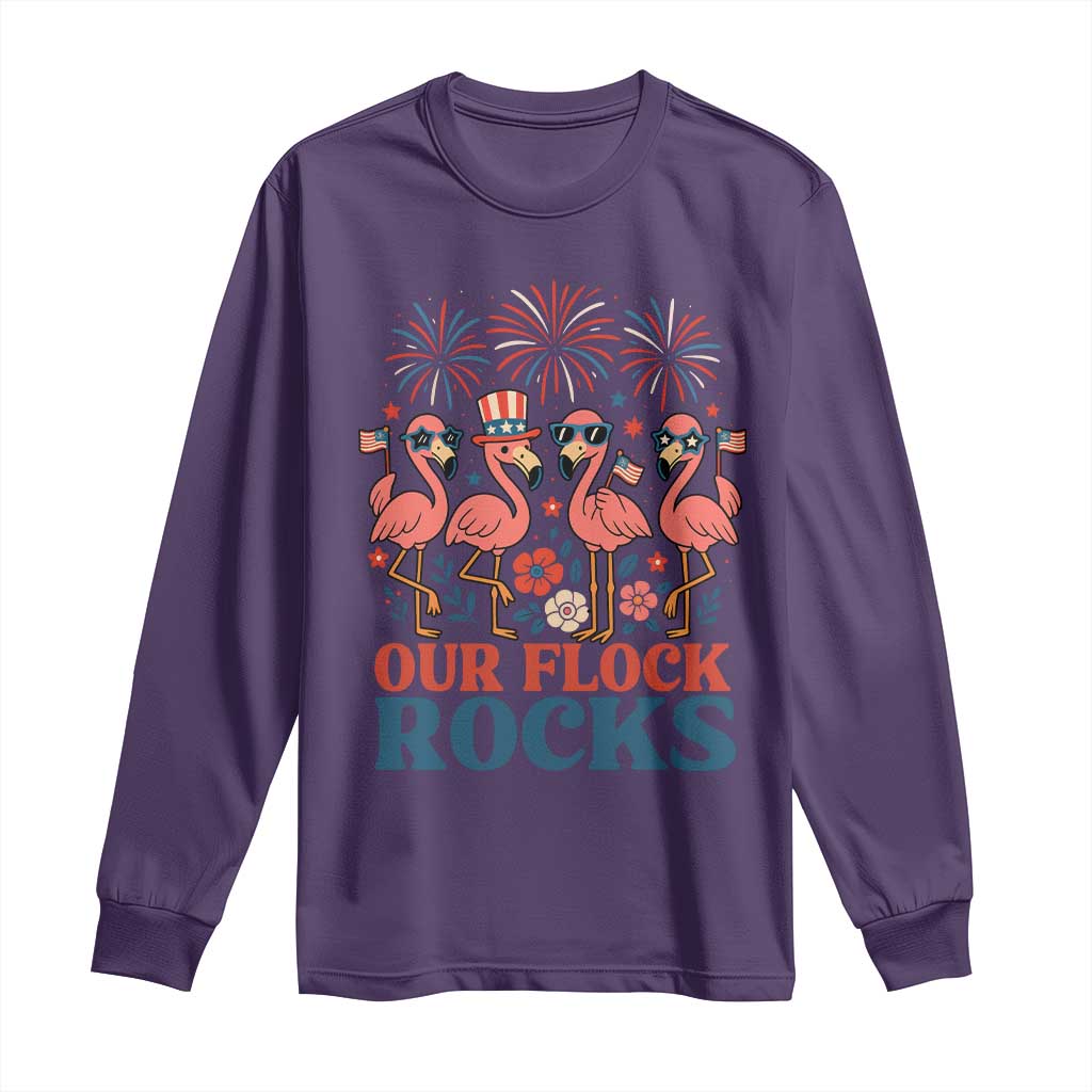 Our Flock Rocks Patriotic Flamingo Long Sleeve Shirt Funny 4th of July Family Matching TS02 Purple Print Your Wear