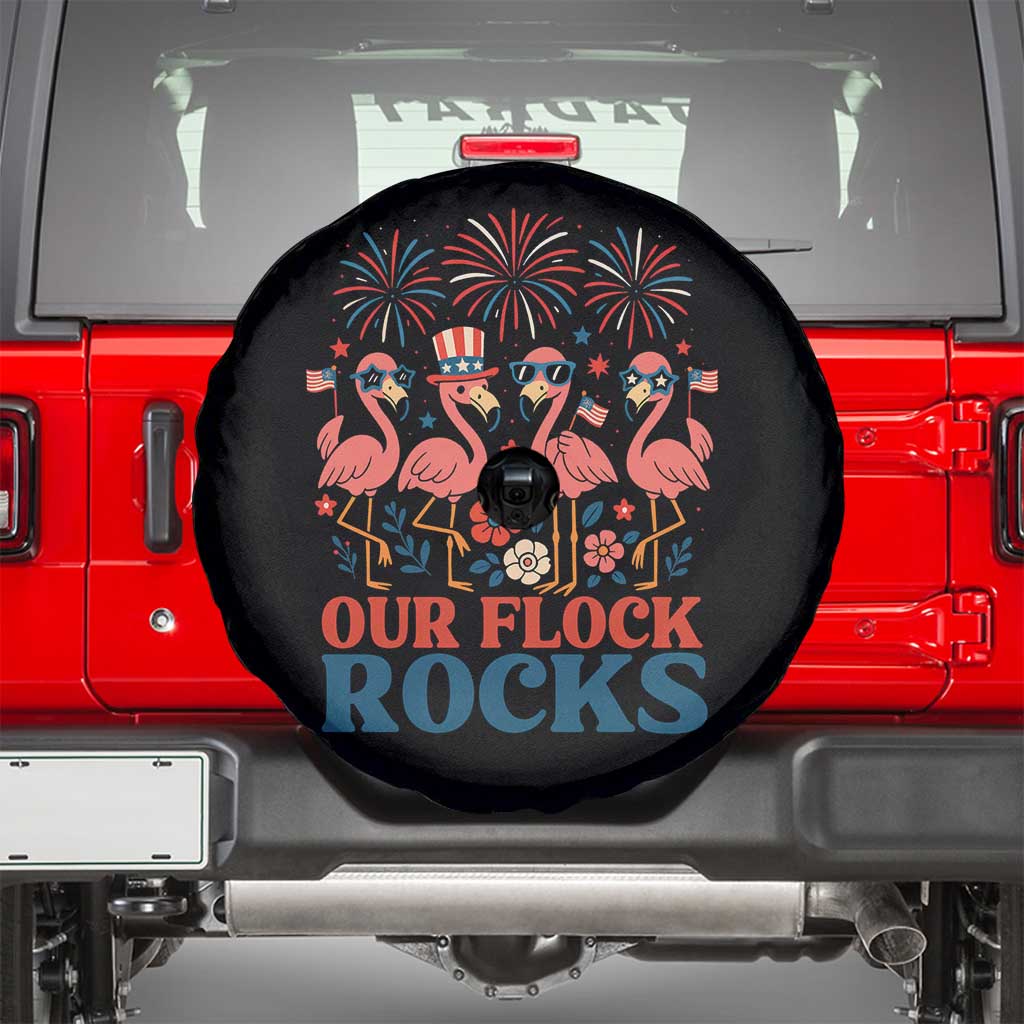 Our Flock Rocks Patriotic Flamingo Spare Tire Cover Funny 4th of July Family Matching TS02 Black Print Your Wear