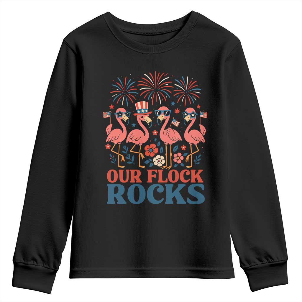 Our Flock Rocks Patriotic Flamingo Youth Sweatshirt Funny 4th of July Family Matching TS02 Black Print Your Wear