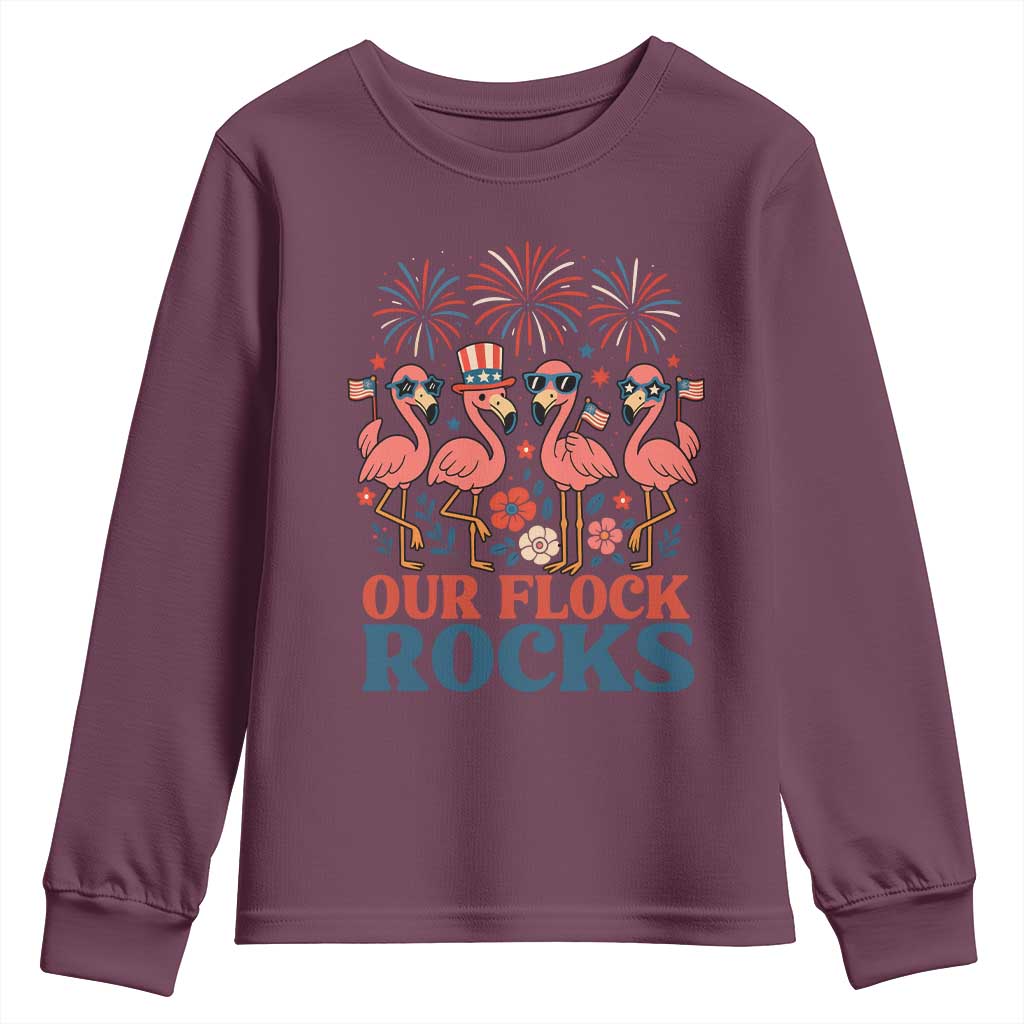 Our Flock Rocks Patriotic Flamingo Youth Sweatshirt Funny 4th of July Family Matching TS02 Maroon Print Your Wear
