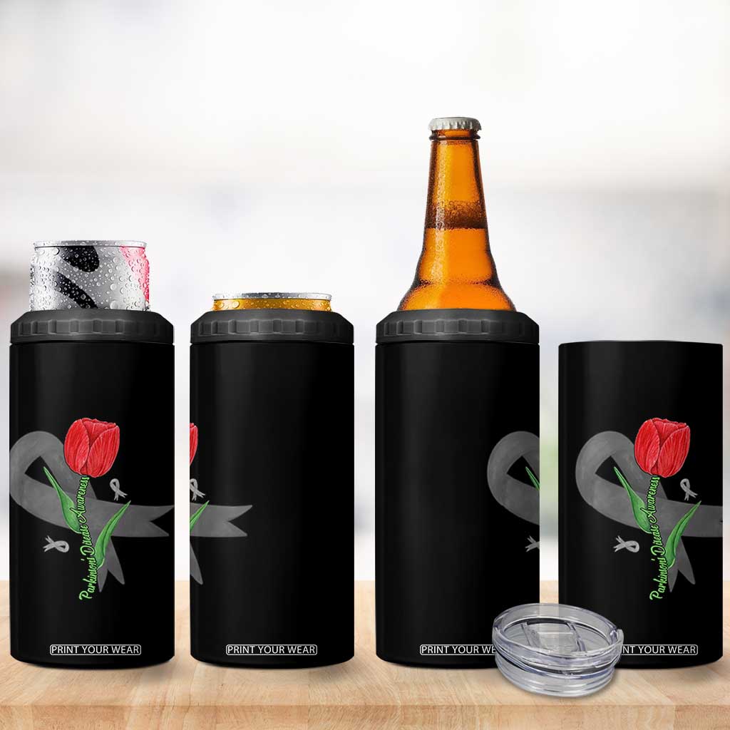 Parkinson's Awareness 4 in 1 Can Cooler Tumbler Gray Ribbon Tulips Support Parkinsons Warrior TS02 Print Your Wear
