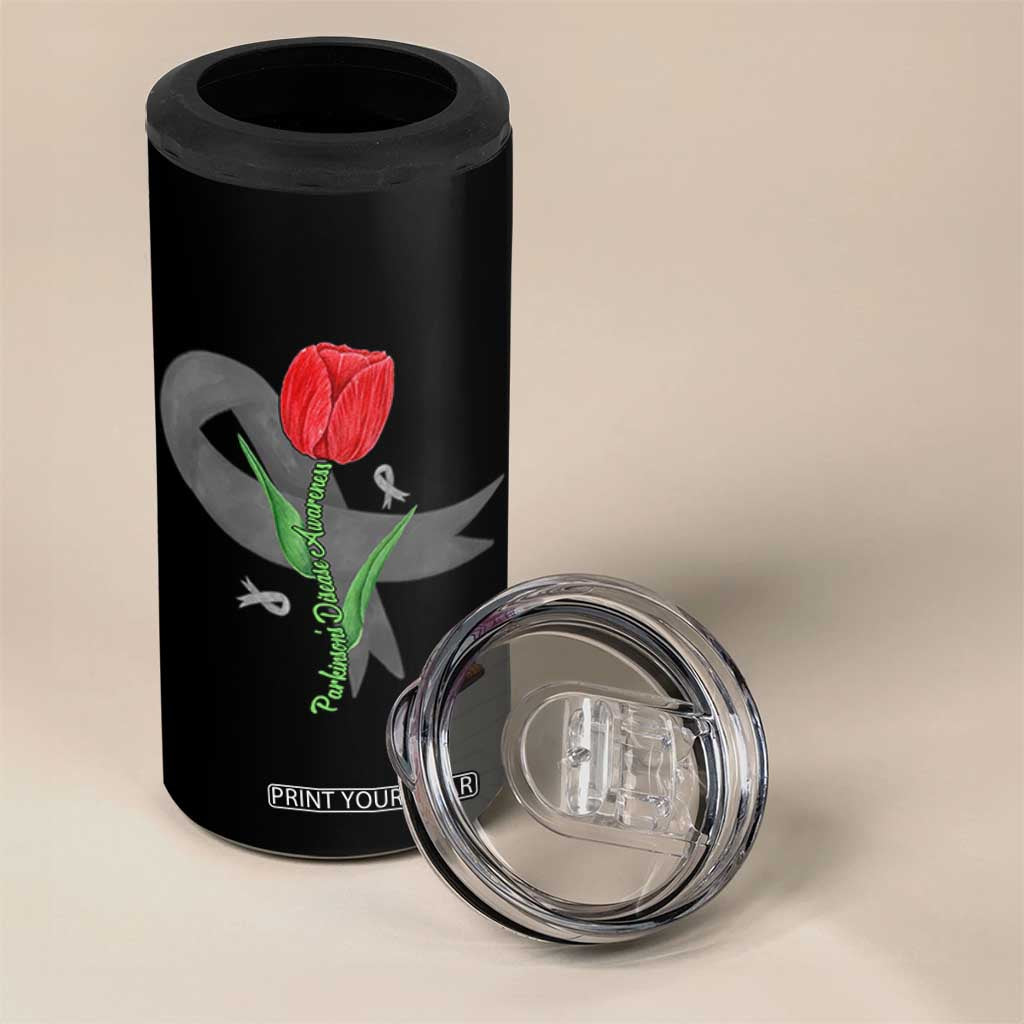 Parkinson's Awareness 4 in 1 Can Cooler Tumbler Gray Ribbon Tulips Support Parkinsons Warrior TS02 Print Your Wear