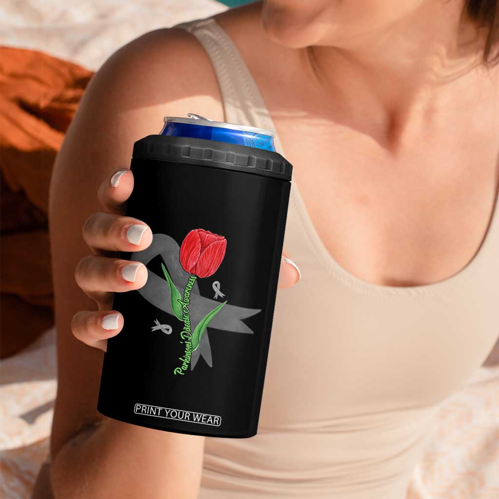 Parkinson's Awareness 4 in 1 Can Cooler Tumbler Gray Ribbon Tulips Support Parkinsons Warrior TS02 Print Your Wear